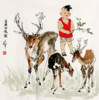 Chinese Deer Painting,68cm x 68cm,ys41202006-x