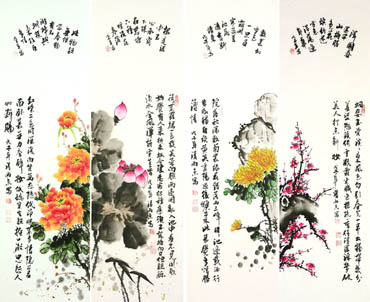 Chinese Four Screens of Flowers and Birds Painting,30cm x 100cm,2348001-x