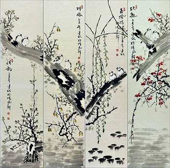 Chinese Four Screens of Flowers and Birds Painting,33cm x 130cm,2568023-x