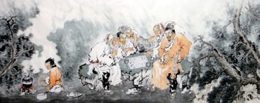 Chinese Gao Shi Play Chess Tea Song Painting,96cm x 240cm,3764010-x