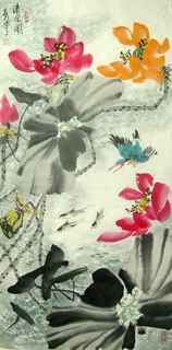 Chinese Lotus Painting,48cm x 96cm,2323003-x