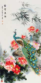 Chinese Peacock Peahen Painting,68cm x 136cm,zl21185001-x