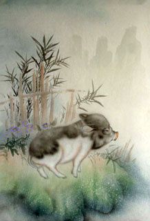 Chinese Pig Painting,43cm x 65cm,4349002-x